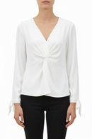 Blusa blanca manga larga, de vestir con nudo al frente y listones en manga-2