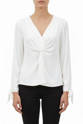 Blusa blanca manga larga, de vestir con nudo al frente y listones en manga - 0