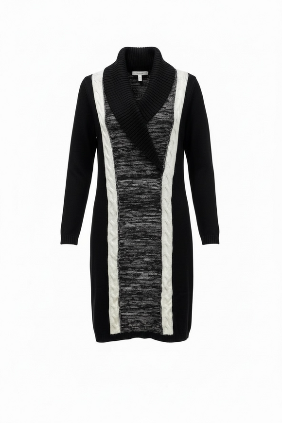 Vestido PETITE negro tipo suéter de punto con doblez y rayas laterales en blanco