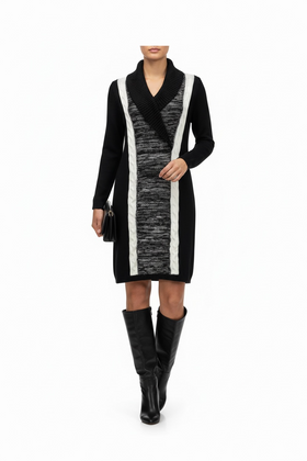 Vestido PETITE negro tipo suéter de punto con doblez y rayas laterales en blanco - 0