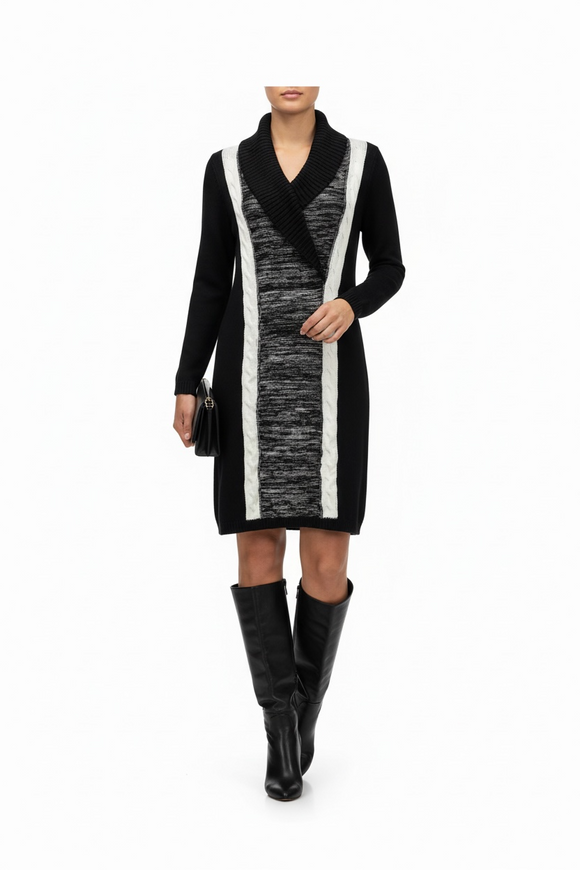 Vestido PETITE negro tipo suéter de punto con doblez y rayas laterales en blanco