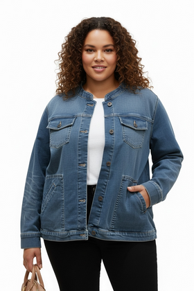 Blusa vaquera tipo chamarra, con bolsillos al frente y botón metálico - 0