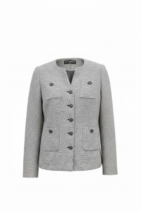 Saco elegante gris tweed, de bolsos frontales y botones metálicos