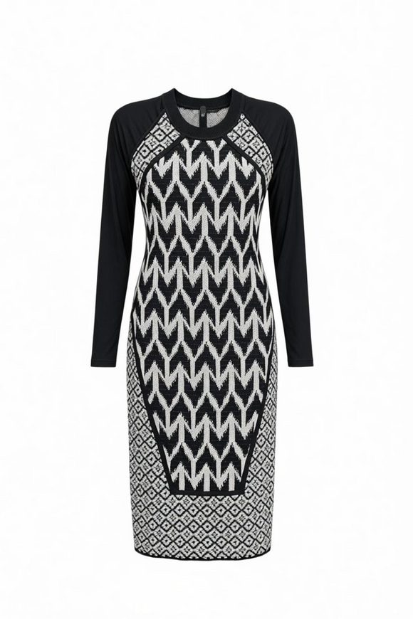 Vestido ajustado negro con entramado y manga de malla