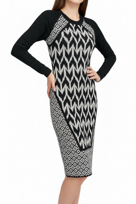 Vestido ajustado negro con entramado y manga de malla - 0