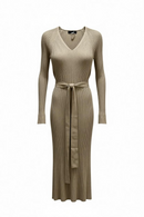 Vestido beige elástico entallado, manga larga con cinturón-1
