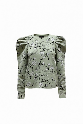 Blusa verde menta tipo suéter con hombreras abombachadas y diseño floral