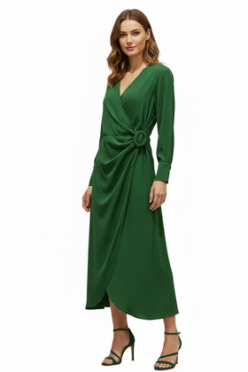 Vestido verde bandera cruzado al frente con hebilla y manga larga - 0