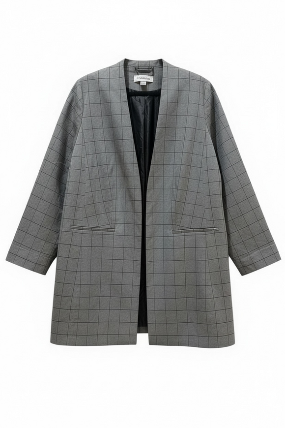 Saco talla grande gris a cuadros y bolsillos frontales