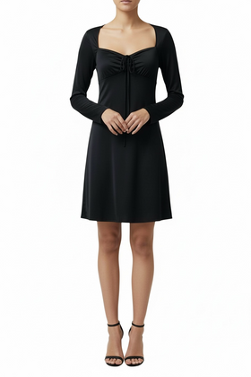 Vestido satinado corto manga larga, corset frontal con listones, y corte corazón - 0