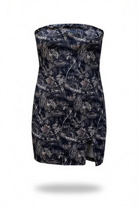 Vestido gris strapless mini otoño, con abertura frontal en pierna