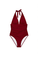 Traje de baño de una pieza tinto con drapeado en abdomen y cuello v-1