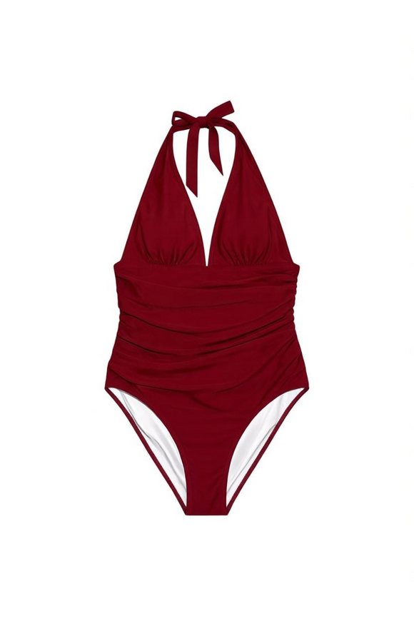 Traje de baño de una pieza tinto con drapeado en abdomen y cuello v
