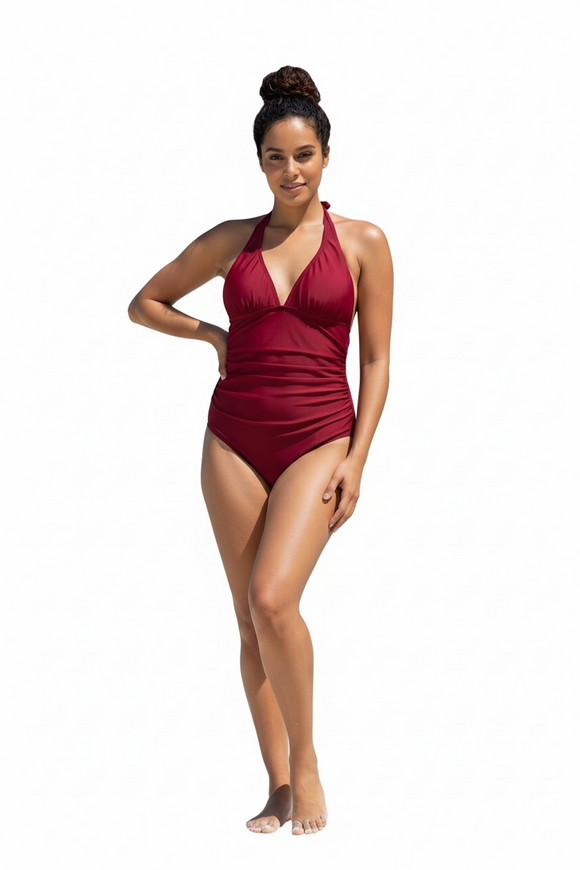 Traje de baño de una pieza tinto con drapeado en abdomen y cuello v