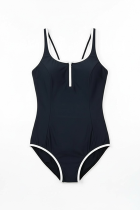 Traje de baño de una pieza, con cierre  al frente y bordes blancos