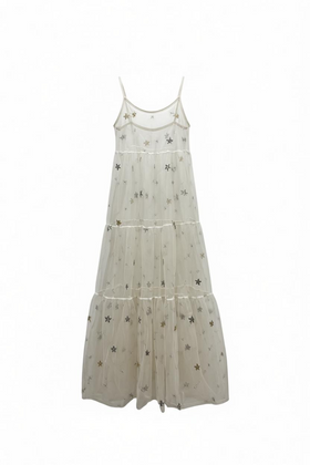 Vestido de malla transparente de estrellas y flores de lentejuela.