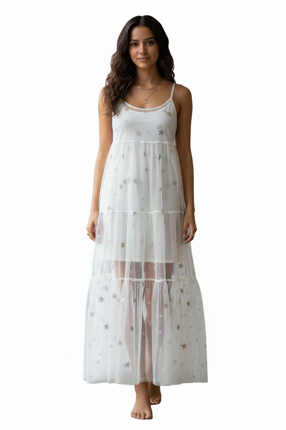 Vestido de malla transparente de estrellas y flores de lentejuela.