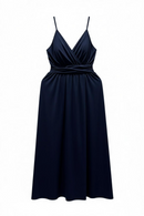 Vestido azul marino, con corte cruzado, cintura y abertura en la pierna-1