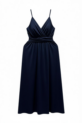 Vestido azul marino, con corte cruzado, cintura y abertura en la pierna