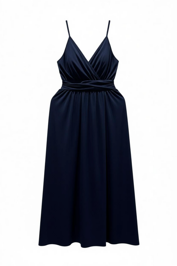 Vestido azul marino, con corte cruzado, cintura y abertura en la pierna