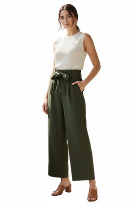 Pantalón de vestir verde olivo cenizo, con presillas y cinto con anudado - 0